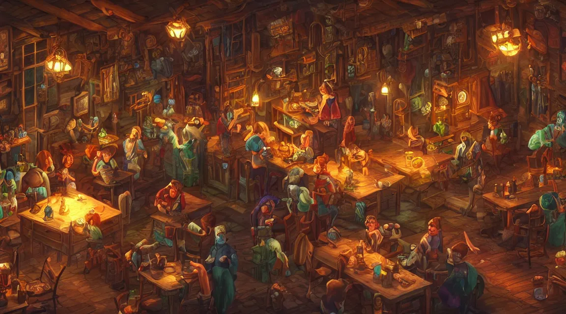 Image similar to A multidimensional cozy tavern, screenshot from hidden object game, cinematic lighting, epic composition, cartoon, animation, background art, post processing, 8K resolution