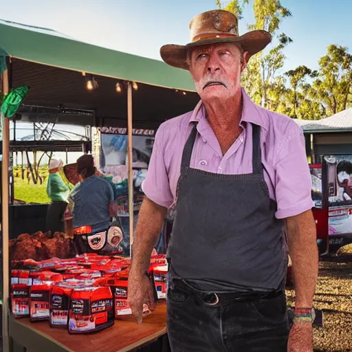 Image similar to john jarrat as mick taylor from wolf creek at a bunnings sausage sizzle, photorealistic, good lighting, award winning photograph