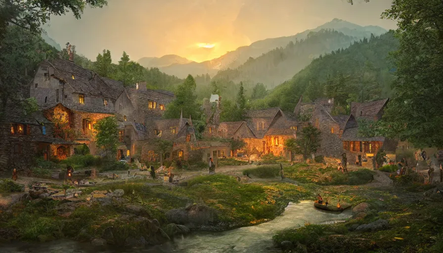 Prompt: medieval village built at the foot of humongous green mountains with forest and lake, fireplace, crowded paths, sunrise, hyperdetailed, artstation, cgsociety, 8 k