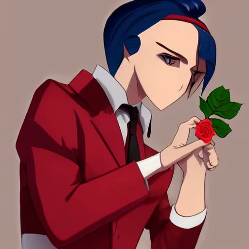 Image similar to digital painting, accurate details, james from team rocket holding a rose, elegant, cool, trending on deviantart, artstation,