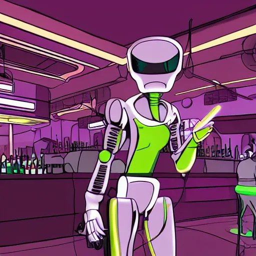 Image similar to A synthetic robot mercenary with human appearance drinking at a bar, night, cyberpunk city, purple neon, bladerunner