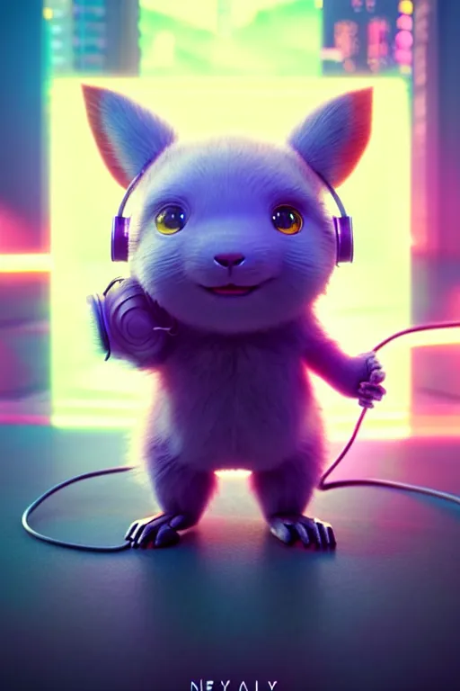 Image similar to high quality 3 d render neo - cyberpunk very cute half fluffy! wombat!! half cyborg with big headphones, pastel mechanical! paw, cyberpunk monocle!, highly detailed, unreal engine cinematic smooth, in the style of detective pikachu, hannah yata charlie immer, neon purple light, low angle, uhd 8 k, sharp focus