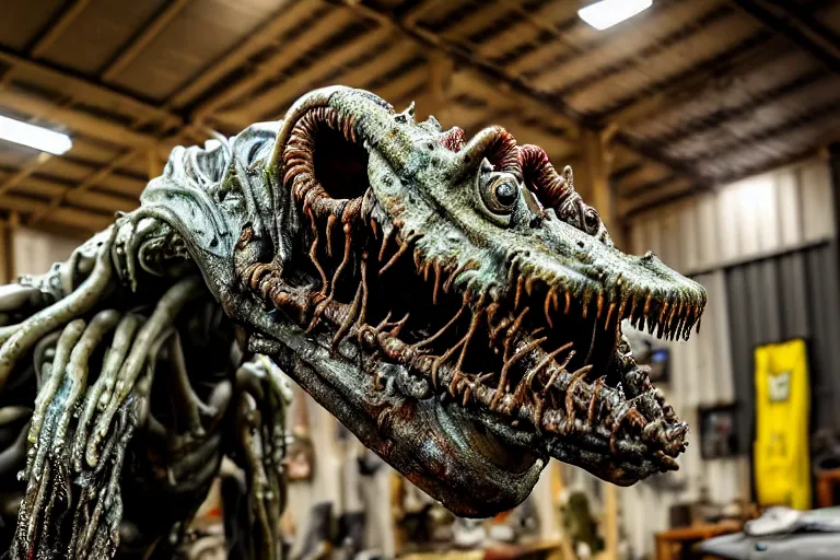 Prompt: wide angle photo taken of an epic intricate, ultra detailed, super realistic gritty, hero prop, exquisitely weathered animatronic movie prop of a lifelike sculpture of a wet, slimey nightmarish hellish alien creature displayed in the workshop, created by weta workshop, full body shot, photorealistic, sharp focus