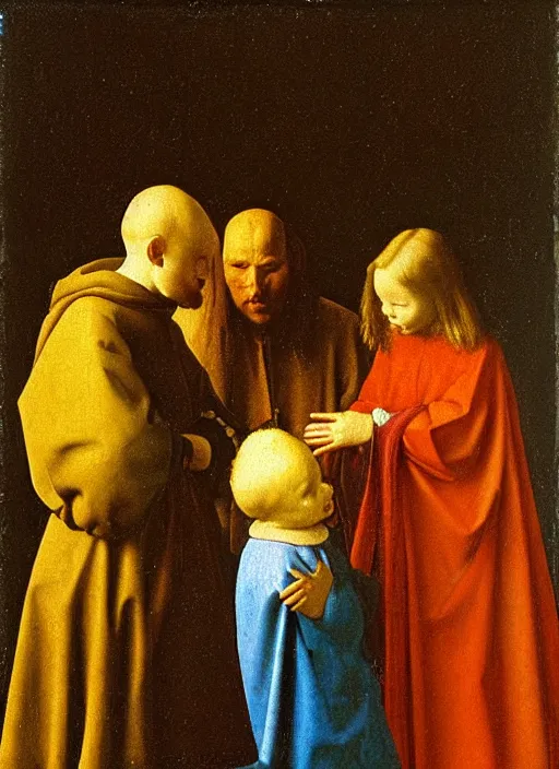 Image similar to Two little brothers meet a young man, medieval painting by Jan van Eyck, Johannes Vermeer, Florence