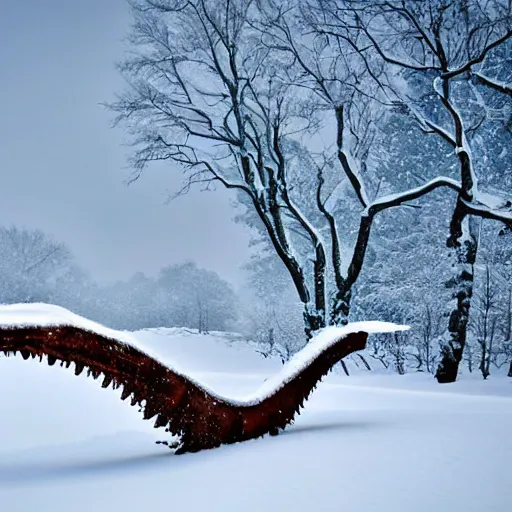 Prompt: snow landscape with gigantic dinosaur skeleton fossile bones half burried in snow