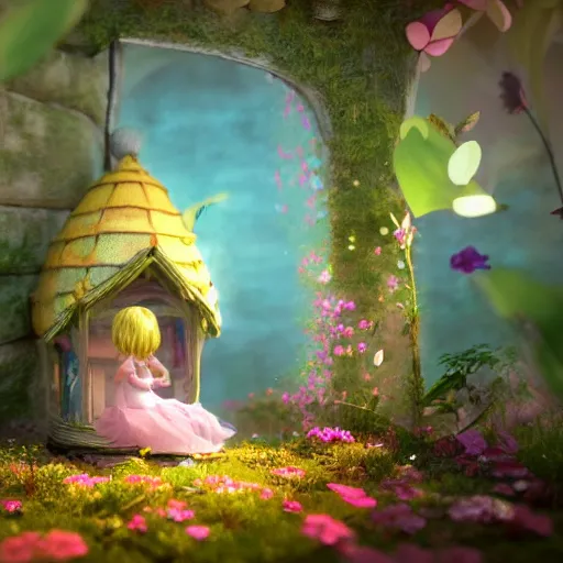 Prompt: a tiny cute fairy in a flower house, cute, adorable, volumetric light, octane render, trending on artstation