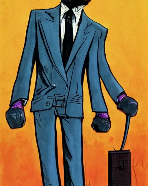 Prompt: sinister smug male antagonist in suit, uptown'wall street'city street, artwork by ralph bakshi