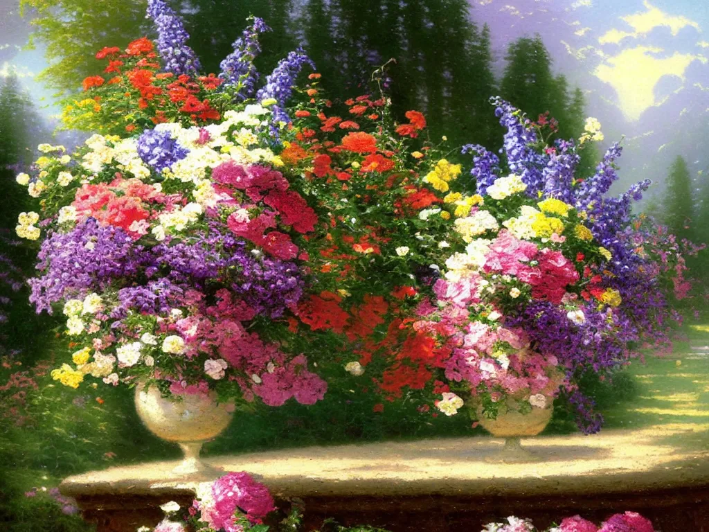 Prompt: a vase with flowers, style thomas kinkade
