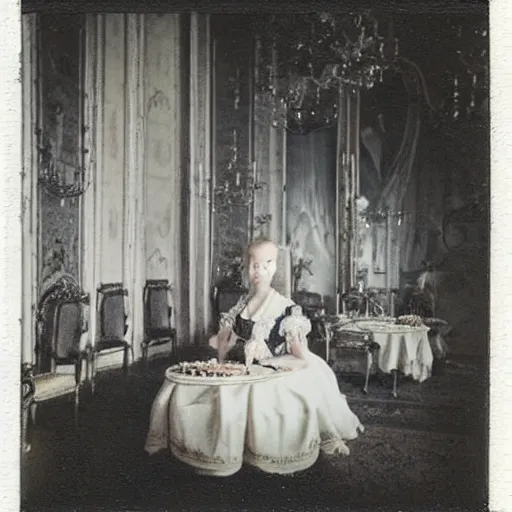 Prompt: a Polaroid of Marie Antoinette eating cake at the Versailles palace in 1792