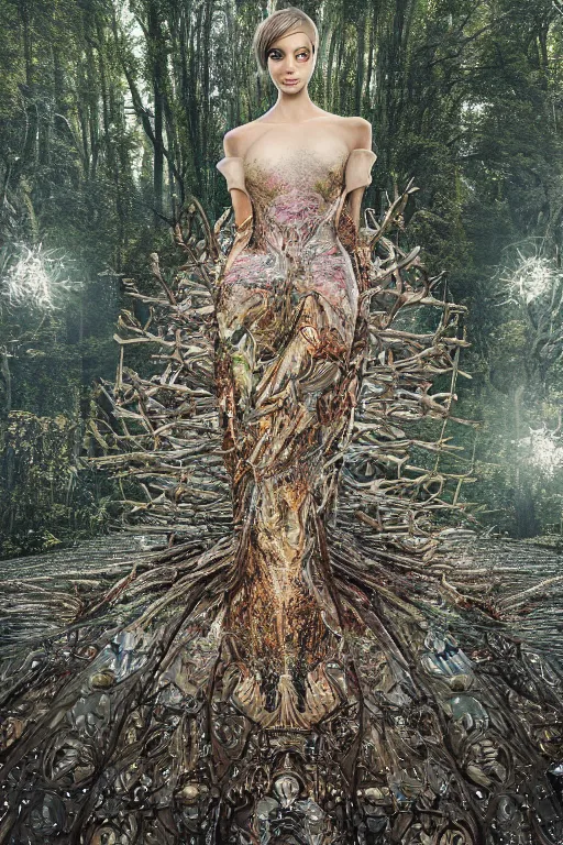 Prompt: a beautiful hyperrealistic ultradetailed 3D, one girl in a magnificent McQueen couture dress on the background of a futuristic forest, Designer clothes, futuristic clothes, clothes from the future, biopunk, voge photo, fashion style, fullbody, in full growth, photorealistic, high resolution, trending on artstation, highly detailed, volumetric lighting, elegant, details, good clear quality, volumetric lighting,