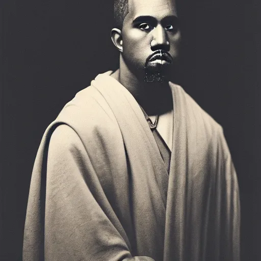 Image similar to a chiaroscuro lighting portrait of kanye west dressed as jesus, black background, portrait by julia margaret cameron, shallow depth of field, 8 0 mm, f 1. 8