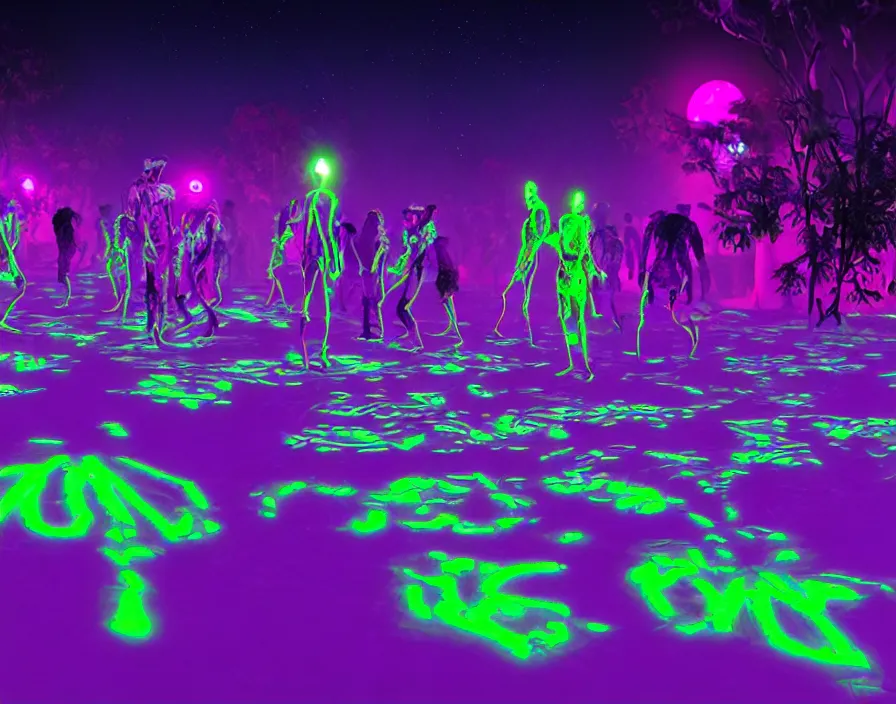 Prompt: Neon Zombie Rave at the moon; neon race; dreamworks; art direction by James Cameron; concept by Ben Wanat; Thomas Kinnlade; surface of the moon, glistening in marvelous neon