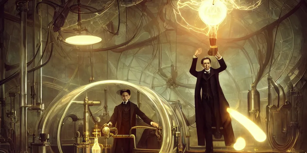 Image similar to nikola tesla from the prestige film testing his antigravity machine in his laboratory ( ( steampunk ) ) octane renderer 8 k sparsely lit art by artgerm and greg rutkowski and alphonse mucha, plasma rays, sparks, victorian age