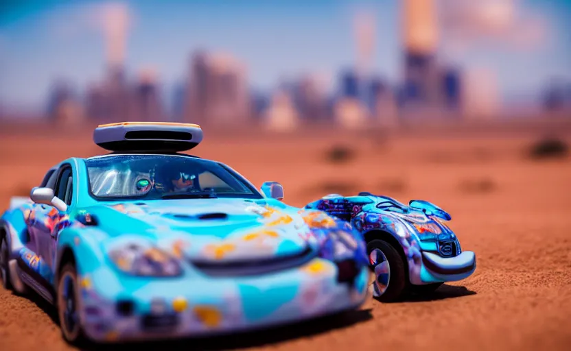 Prompt: photograph of an Itasha surrounded by desert with a futuristic city in the horizon, sigma 85mm f/1.4, 4k, depth of field, high resolution, 4k, 8k, hd, full color