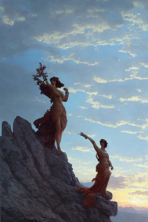 Image similar to an ultradetailed colossal magnificent mountain sized sculpture of an elegant woman, fine detail, sunrise on the horizon in the background, stone hand raised up, 8 k, art by greg rutkowski and alphonse mucha and andreas rocha and albert bierstadt