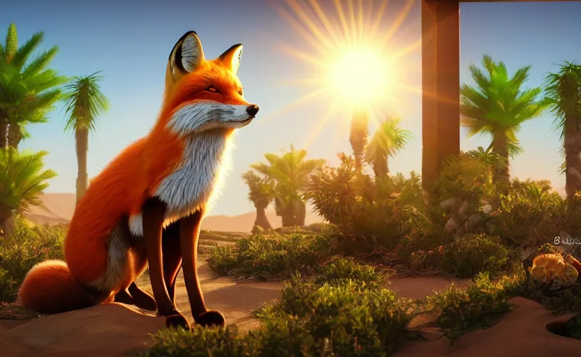 Prompt: a fox in a dessert oasis. daylight. sunlight. lens flare. light fixtures. art in apunkalypse style. 8K. detailed. photorealism. artstation. 35mm. ultra realistic