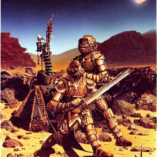 Image similar to sardaukar warrior in mars ruins, vintage sci - fi art, by ed emschwiller