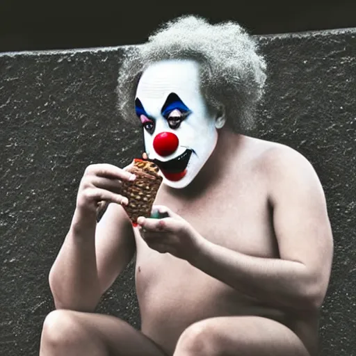 Prompt: uhd closeup of a sad clown on sitting a ledge eating ice cream in the style of tonalism