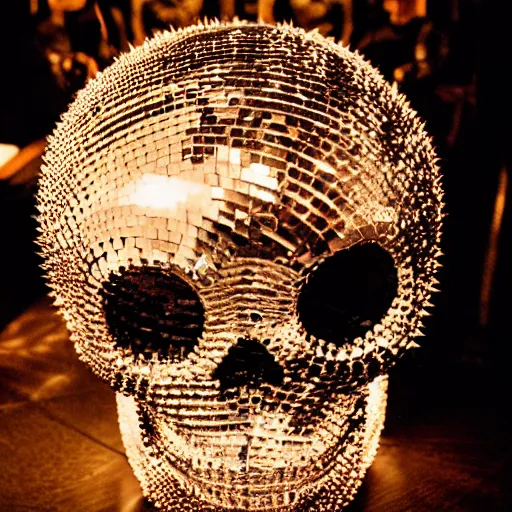 Image similar to a disco ball shaped like a skull full of long spikes, reflecting light in a nightclub, grainy film photograph