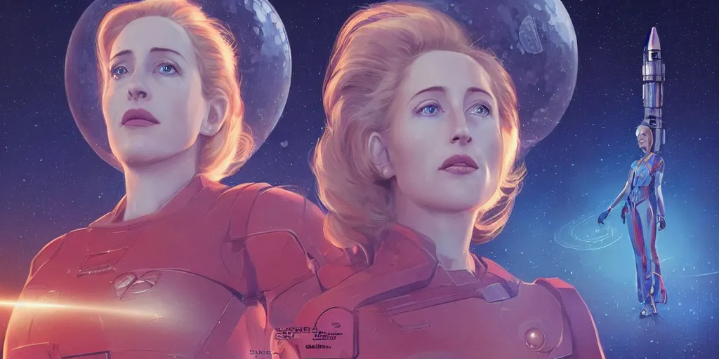 Image similar to Young Gillian Anderson as a stunning , beautiful retro SCI-FI space heroine 1985 , movie poster, intricate, elegant, highly detailed, centered, digital painting, trending on artstation, concept art, smooth, sharp focus, illustration, art by raphael lacoste ,eddie mendoza ,alex ross, WLOP