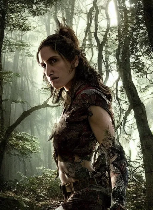 Image similar to Beautiful , Looks like amy jo johnson, In the woods, Dramatic, Edge, Good, Infused, Backlight, De-Noise, VFX, insanely detailed and intricate, hypermaximalist, elegant, ornate, hyper realistic, super detailed