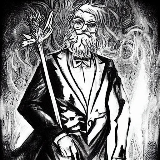 Prompt: black and white pen and ink!!!! Twin Peaks Black Lodge goetic vampire Colonel Sanders handsome beard golden!!!! Vagabond!!!! floating magic swordsman!!!! glides through a beautiful!!!!!!! liquid magic floral crystal battlefield dramatic esoteric!!!!!! pen and ink!!!!! illustrated in high detail!!!!!!!! by Moebius and Hiroya Oku!!!!!!!!! graphic novel published on 2049 award winning!!!! full body portrait!!!!! action exposition manga panel black and white Shonen Jump issue by David Lynch eraserhead and beautiful line art Hirohiko Araki!! Rossetti, Millais, Mucha