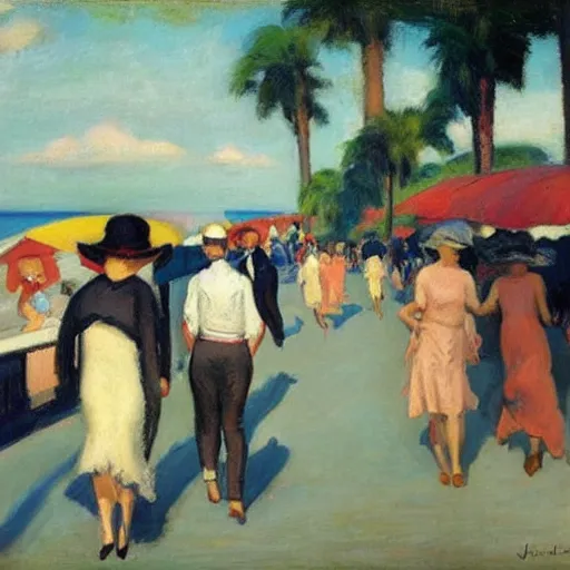 Image similar to people walking on the boardwalk on a hot summer day, 1 9 2 0 s, by john french sloan