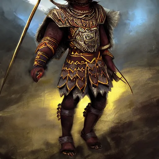 Image similar to a young black boy dressed like an african moorish warrior in gold armor and a crown with a ruby, charging through a dragons lair, skyrim character digital illustration portrait design, by adi granov, dramatic lighting, wide angle dynamic action shot