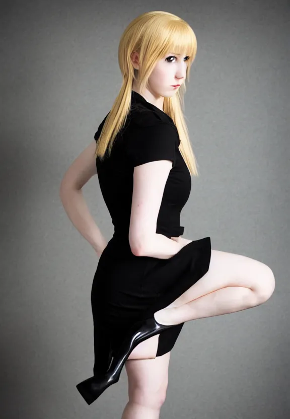 Prompt: detailed studio photo of cute sexy emily skinner cosplaying annie leonhart wearing jet - black dress, wearing open toe heels, pale skin, studio lighting, sharp focus, backlit, smooth, hard focus, full body shot, 4 k hdr