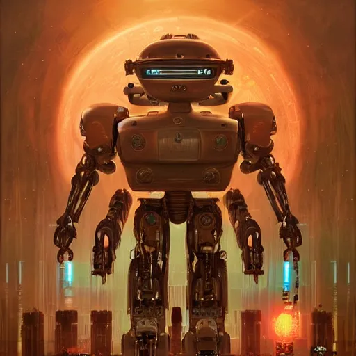 Prompt: a robot, mechanical, intrincate, cinematic lights, wires, volumetric, maximalist, fractal background, mechanical sci fi, horror, the end of the world, devotional, god, cgscociety by marc simonetti and peter mohrbacher