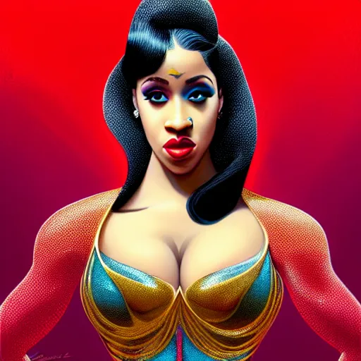 Prompt: cardi b and james bond as darna, wax figure, glowing eyes, volumetric lights, red and cyan theme, art nouveau botanicals, intricate, highly detailed, digital painting, artstation, concept art, smooth, sharp focus, cinematic, illustration, beautiful face, art by artgerm and greg rutkowski and alphonse mucha