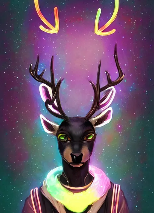 Image similar to award winning beautiful portrait commission of a male furry anthro Black Reindeer cyberpunk fursona with a tail, wings, wings, wings and a cute beautiful attractive detailed furry face wearing a crown, stylish black and rainbow galaxy clothes, outline, in a cyberpunk city at night while it rains. Character design by charlie bowater, ross tran, artgerm, and makoto shinkai, detailed, inked, western comic book art