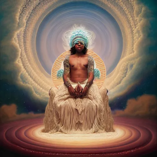 Prompt: obatala the cosmic god sitting on a throne of nebula clouds, by Agostino Arrivabene and amanda sage and alex grey, matte painting, orisha, 8k, hd