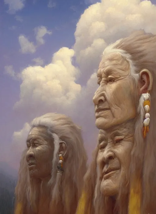 Image similar to faces of old indigenous people made of clouds in the sky, ancestors, protection, benevolence, art by christophe vacher