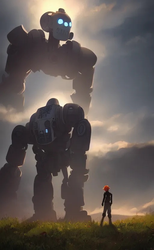 Image similar to iron giant standing near his farm, dynamic lighting, photorealistic fantasy concept art, trending on art station, stunning visuals, creative, cinematic, ultra detailed