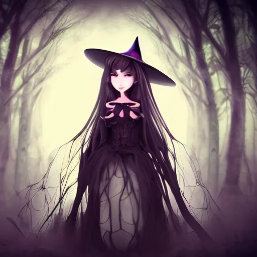 Image similar to portrait of beautiful darkness witch as a 3D anime girl, dark forest background, inspired by Tim Burton, digital painting, unreal engine render, volumetric light, high détail