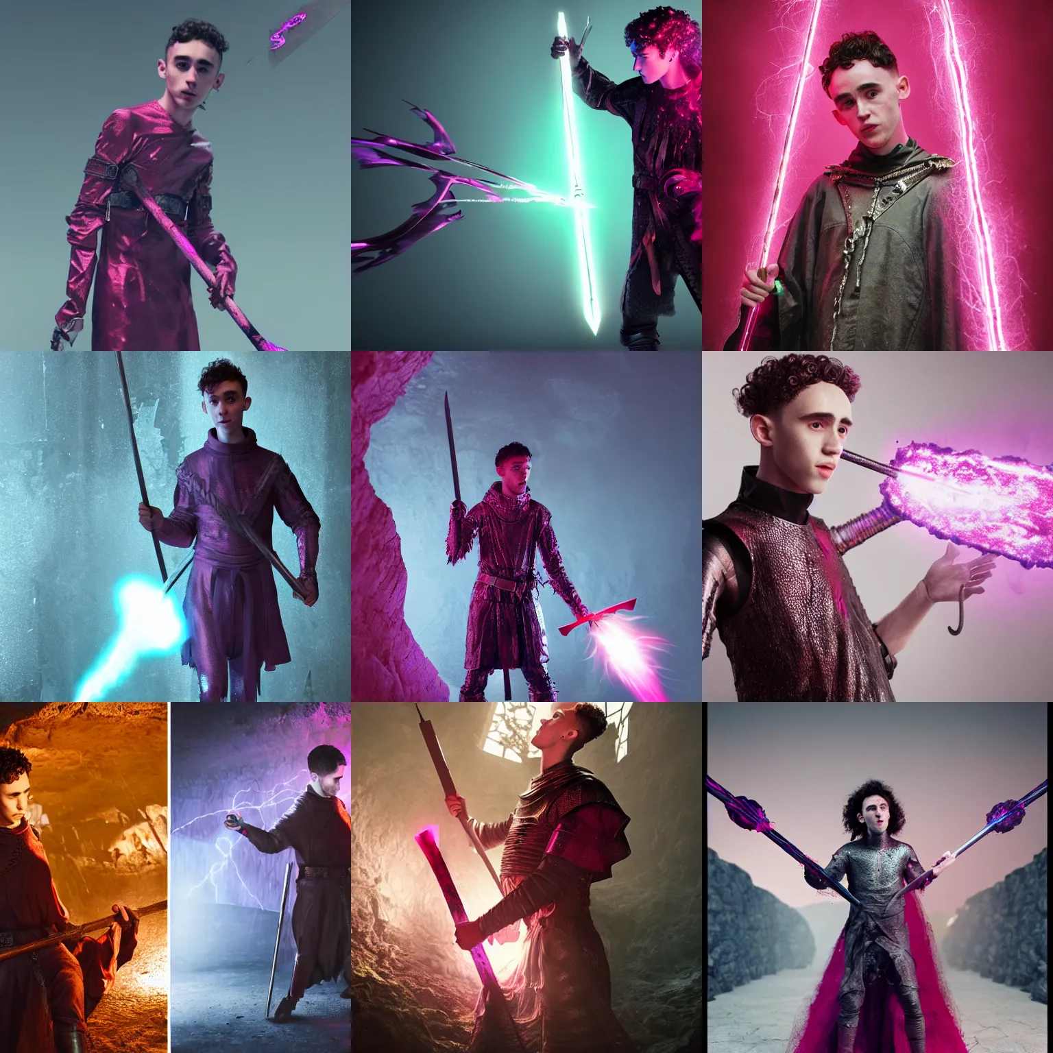 Prompt: Olly Alexander wearing a slashed medieval tunic, holding a thin metal staff with magenta electricity emitting from it. In a cavern full of cobwebs. Trending on Artstation, octane render, ultra detailed, art by Ross tran