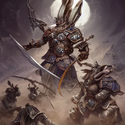 Prompt: Armored Rabbit Horde carrying swords gathering on a beautiful plain, insanely detailed and intricate, hypermaximalist, elegant, ornate, hyper realistic, super detailed, Art Deco, cinematic, trending on artstation, magic the gathering artwork