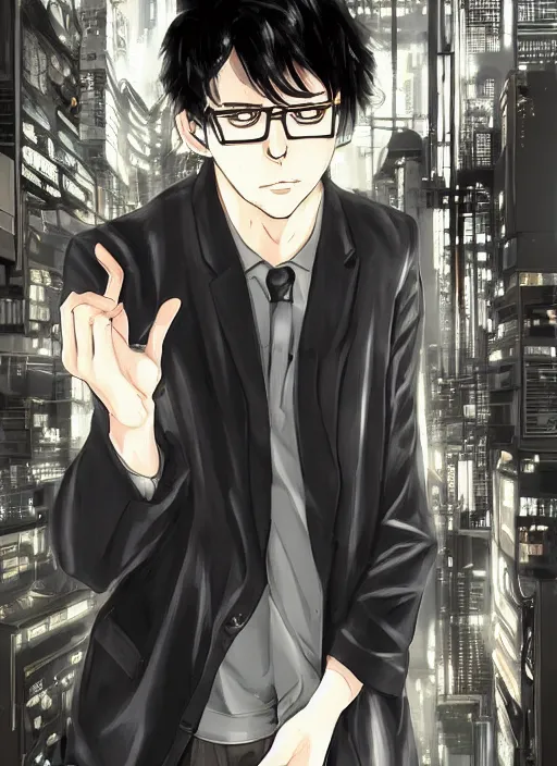 Male, white hair, orange thin eyes, glasses, long white shirt, black skinny  jeans, anime style, high quality