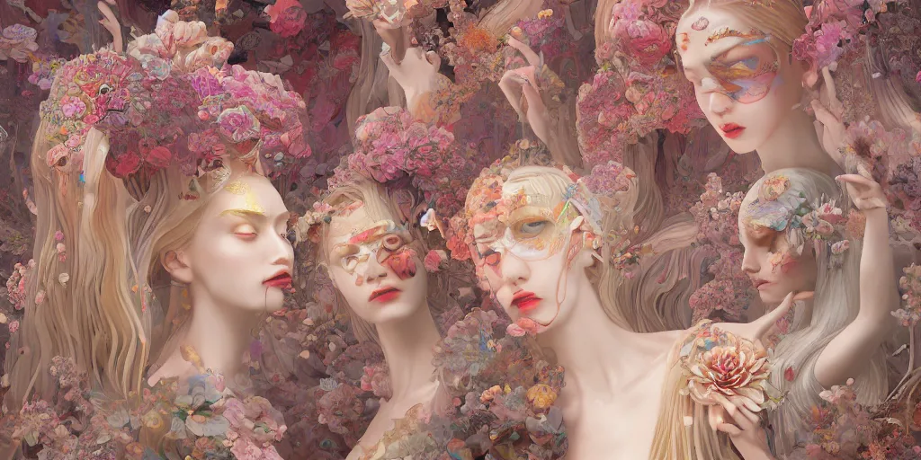 Image similar to breathtaking detailed concept art painting kaleidoscope art deco pattern of blonde faces goddesses amalmation flowers, by hsiao - ron cheng, bizarre compositions, exquisite detail, extremely moody lighting, 8 k