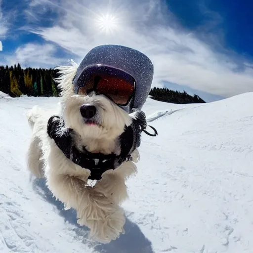 Prompt: a cream-colored havanese dog snowboarding, gopro photo, 4k