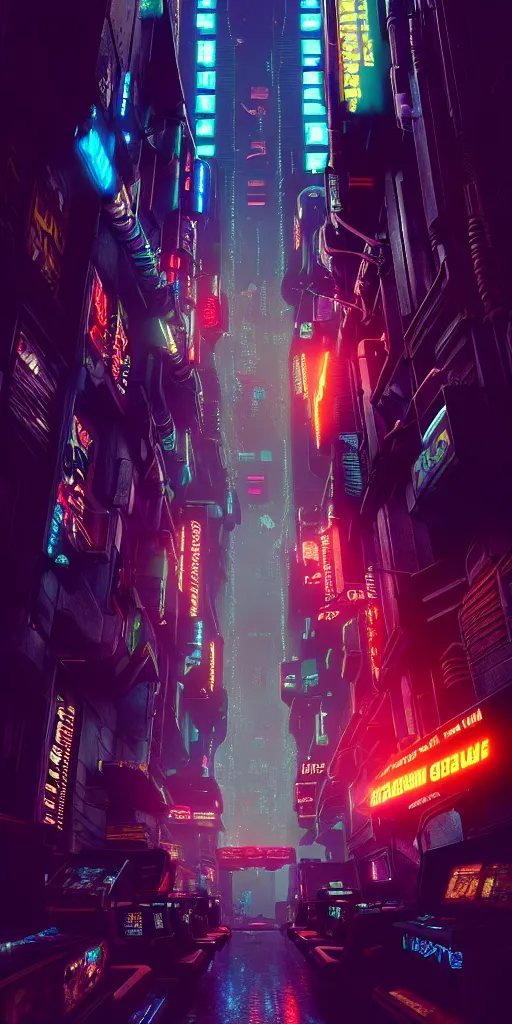 Image similar to epic cyberpunk arcade city : : blade runner, james guilleard, beeple, laurie greasley, dan mcpharlin : : ornate, dynamic, particulate, rich colors, intricate, elegant, highly detailed, centered, artstation, smooth, sharp focus, octane render, 3 d