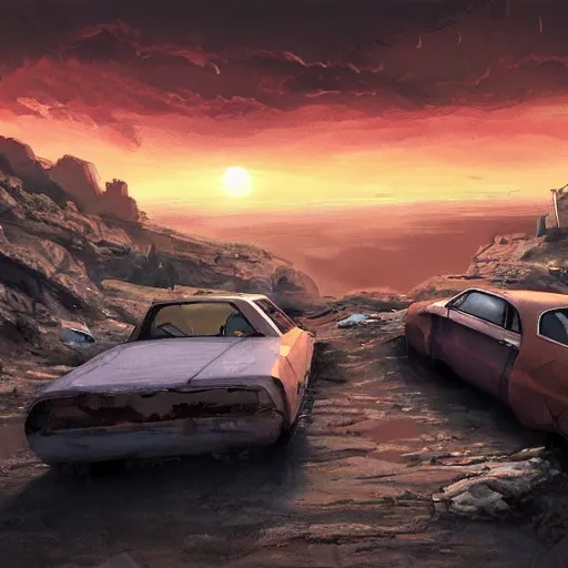 Image similar to post apocalypse scene of two cars parked on a cliff at sunset, computer art, concept art, high detail, warm colors, artstation