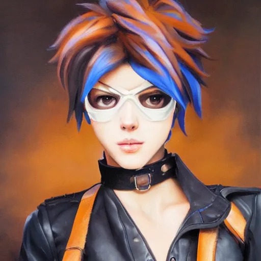 Image similar to oil painting of tracer overwatch in a field wearing very large black leather belt choker collar around neck, in style of mark arian, expressive face, very detailed face, very detailed eyes, belt around neck, full body, feminine face, tracer overwatch,