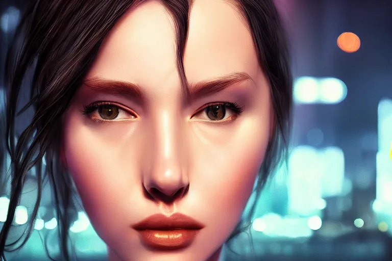 Prompt: hyperrealistic close up portrait of stunningly beautiful 20 year old female, proportionate face, lit by dawn light, cyberpunk city on background, trending on artstation