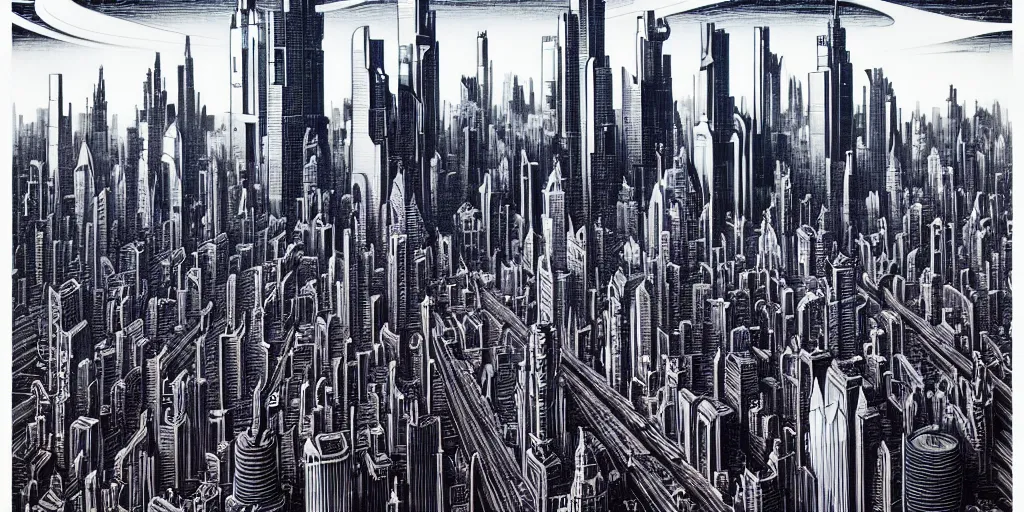 Image similar to skyline of city, extremely detailed, bold line art, by vincent di fate and joe fenton and artgerm, inking, etching, screen print, masterpiece, trending on artstation, sharp, high contrast, hyper realistic, hd, 4 k, 8 k