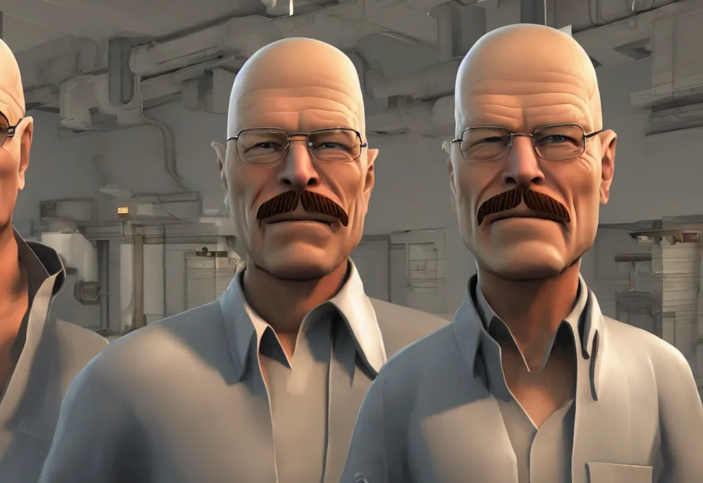 Image similar to elon musk in team fortress 2, walter white in the video game team fortress, gameplay screenshot, close up, 3 d rendering. unreal engine. amazing likeness. very detailed.