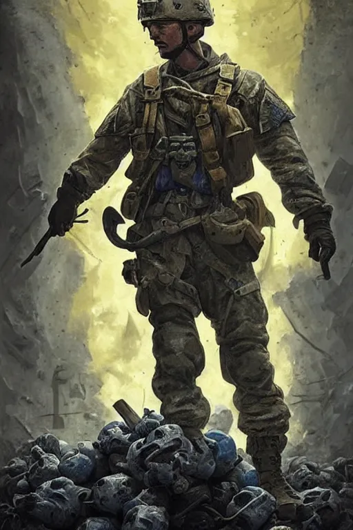 Image similar to a distant shot of a Ukrainian Call of Duty soldier with blue and yellow uniform standing alone on a pile of skulls as a winner, masculine figure, D&D, fantasy, intricate, elegant, highly detailed, extremely detailed, digital painting, artstation, concept art, matte, sharp focus, symmetrical, illustration, art by Artgerm and Greg Rutkowski and Alphonse Mucha