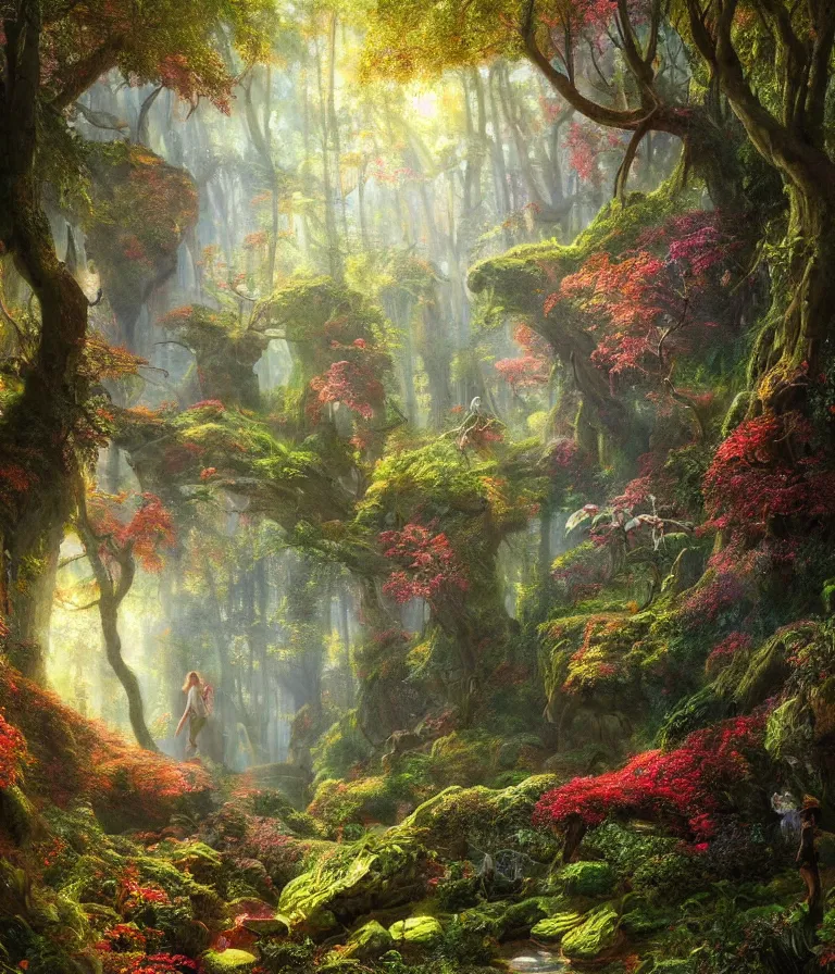 Prompt: a beautiful hyperrealistic detailed painting of a thin climbing path climbing through an enchanted fantasy forest, by federic edwin church, by alex heywood, by hayao miyazaki, epic scale, 3 d, brilliantly coloured, intricate, ultra wide angle, trending on artstation, golden ratio, morning, volumetric lighting, polished, micro details