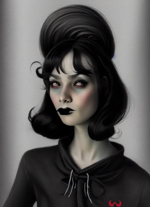 Image similar to portrait of a short woman with a crooked nose and a confident expression, 1 9 6 0 s, black clothes, goth, punk, funk, intricate, elegant, highly detailed, digital painting, artstation, concept art, smooth, sharp focus, illustration, art by wlop, mars ravelo and greg rutkowski